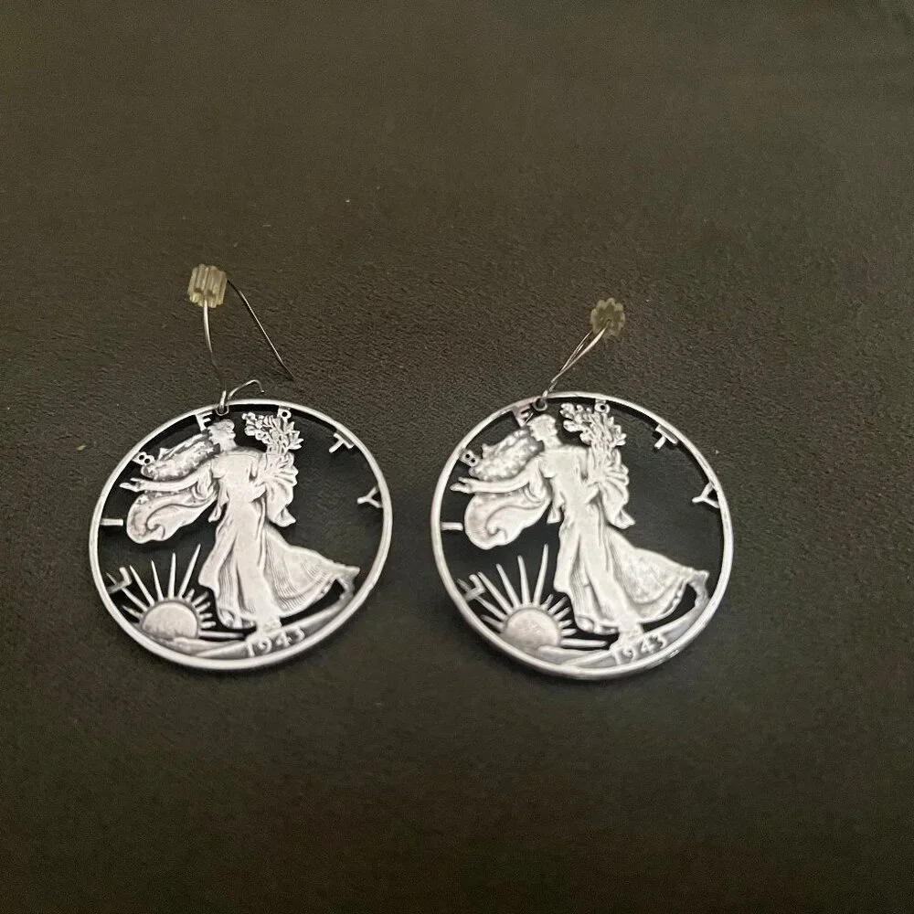 Walking Liberty Silver Coin Cutout Earrings 1943 - Picture 5 of 7